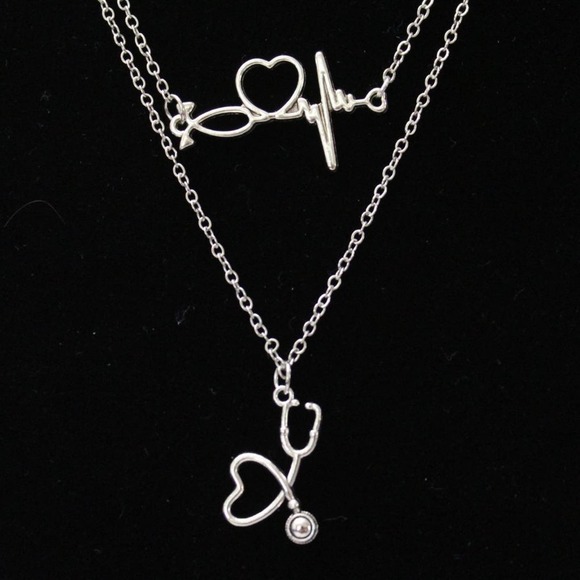 New Fashion Silver Tone Necklace with Stethoscope, Heartbeat and Heart N105 - Picture 3 of 5
